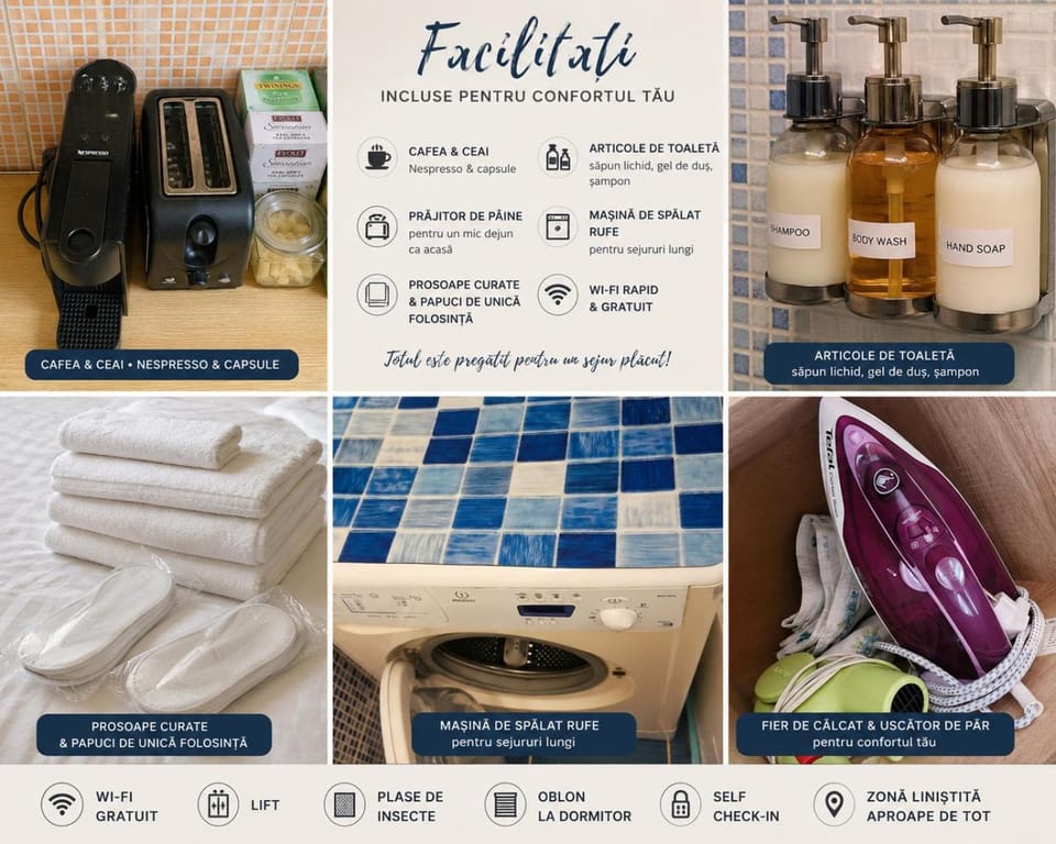 Bathroom, Coffee/tea facilities, flat iron, toaster, towels, washing machine