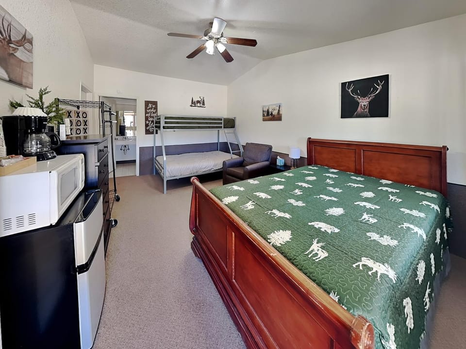 Bed, TV and multimedia, Seating area, Bedroom, bunk bed, microwave