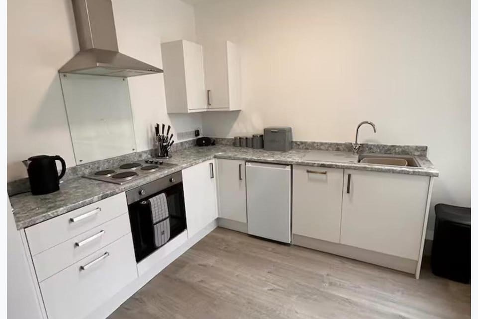 Kitchen or kitchenette, dishwasher, stove