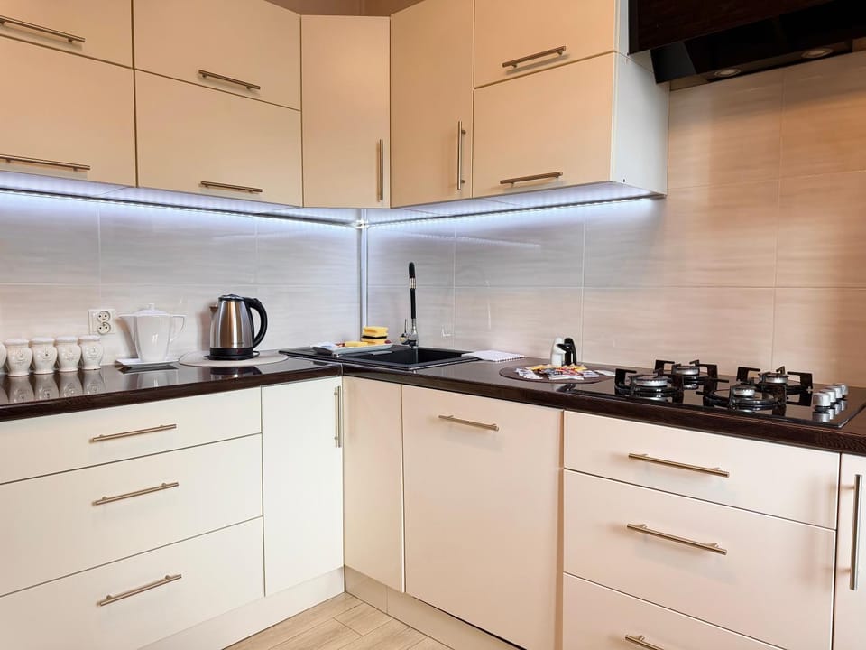 Kitchen or kitchenette, stove
