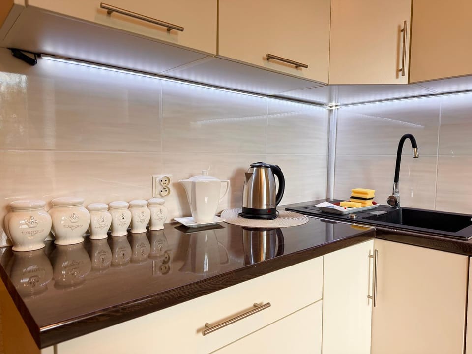 Kitchen or kitchenette, stove