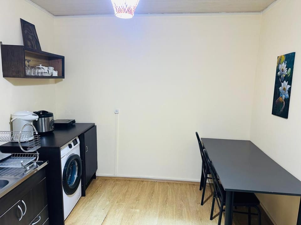 Kitchen or kitchenette, stove, washing machine