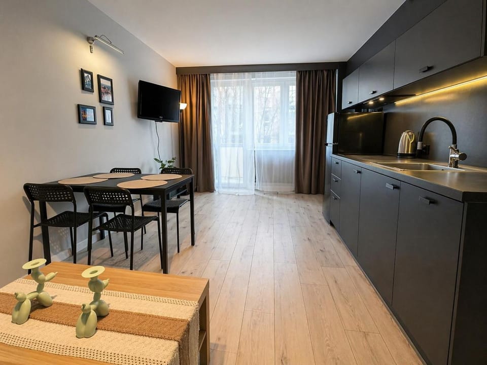 Kitchen or kitchenette, Living room, Seating area, Dining area, stove
