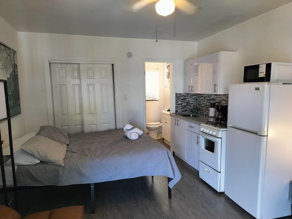 Bed, Bathroom, Coffee/tea facilities, Kitchen or kitchenette, Photo of the whole room, microwave, stove