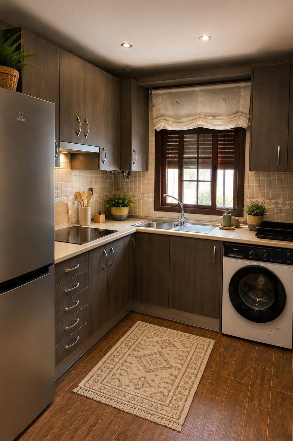 Kitchen or kitchenette, stove, toaster, washing machine