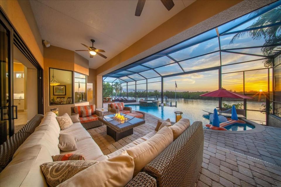 Patio, Natural landscape, Seating area, Pool view, Sea view, Swimming pool, Sunset