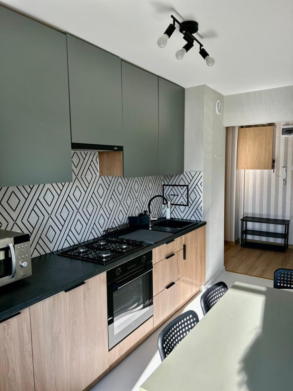 Kitchen or kitchenette, microwave