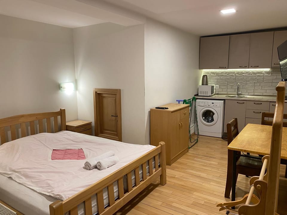 Bed, Kitchen or kitchenette, Photo of the whole room, Dining area, Bedroom, towels, washing machine