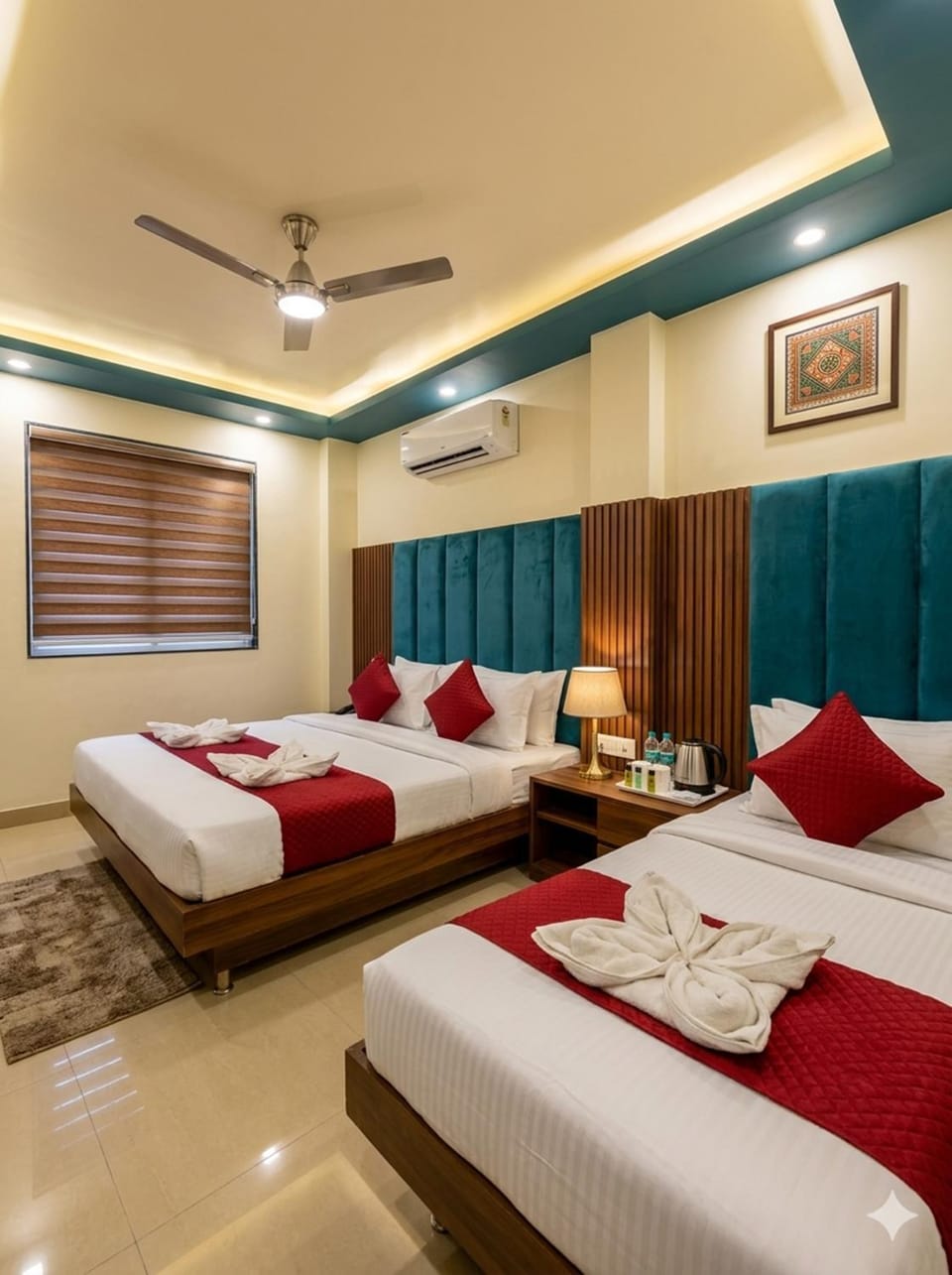 Bed, Photo of the whole room, Bedroom, towels, air conditioner