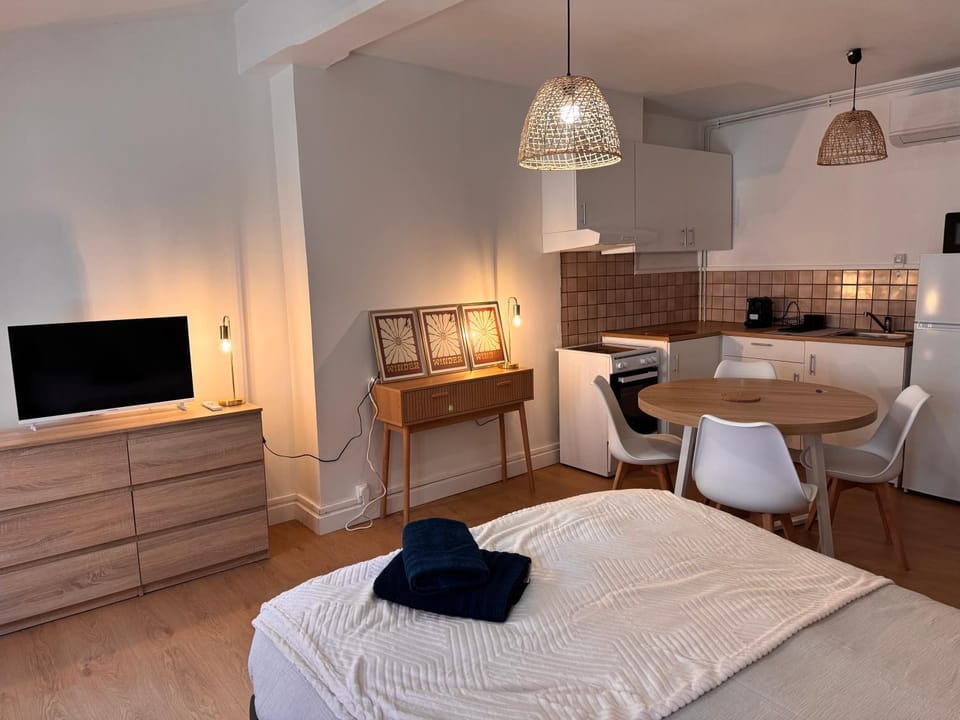 Bed, TV and multimedia, Kitchen or kitchenette, Photo of the whole room, Dining area