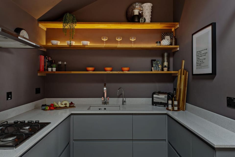 Kitchen or kitchenette, stove