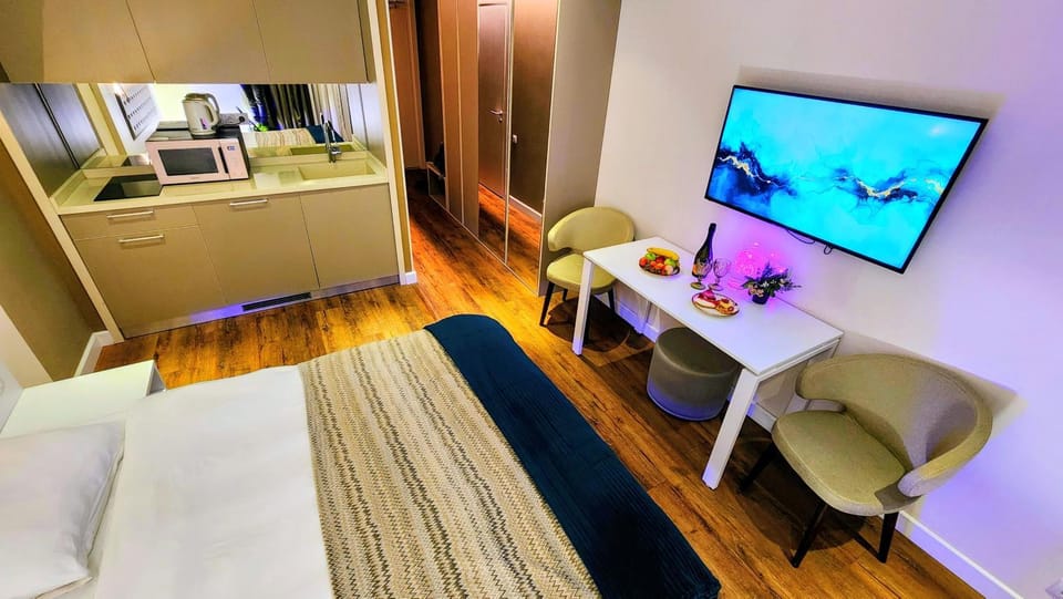 Bed, TV and multimedia, Kitchen or kitchenette, Photo of the whole room, Seating area, Dining area, Bedroom, microwave, minibar, stove, air conditioner