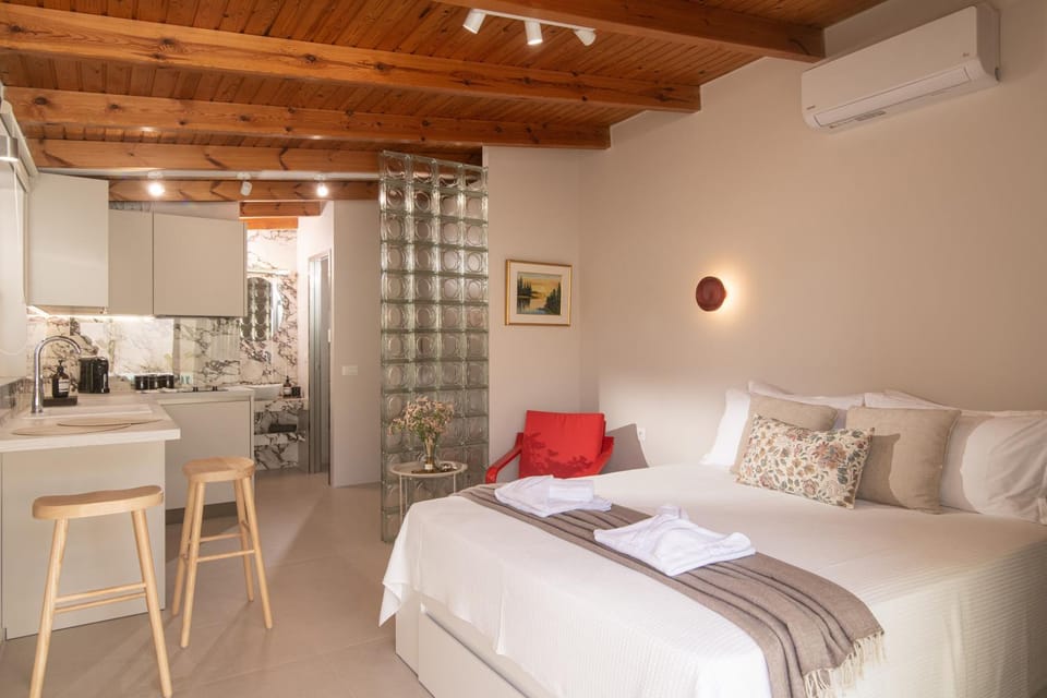 Shower, Bed, Bathroom, Kitchen or kitchenette, Living room, Photo of the whole room, Dining area, Bedroom, towels, air conditioner