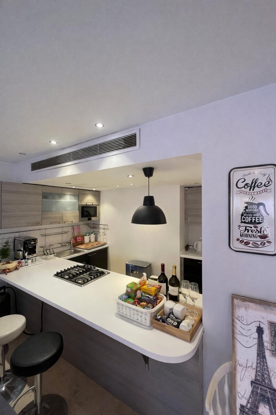 Kitchen or kitchenette, stove