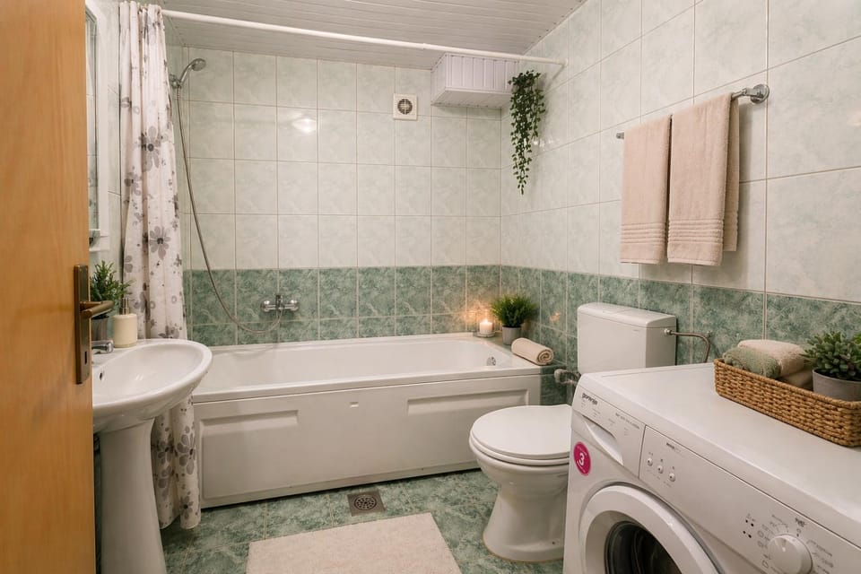 Toilet, Hot Tub, Bathroom, Bath, towels, washing machine, dryer