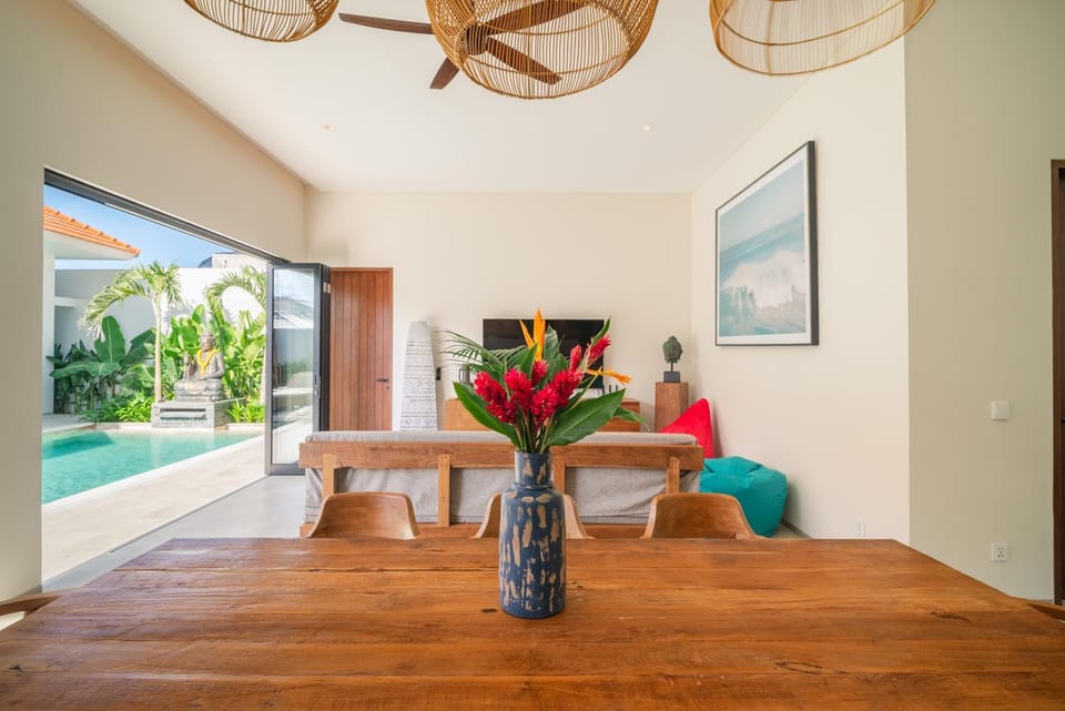 Living room, Seating area, Dining area, Pool view