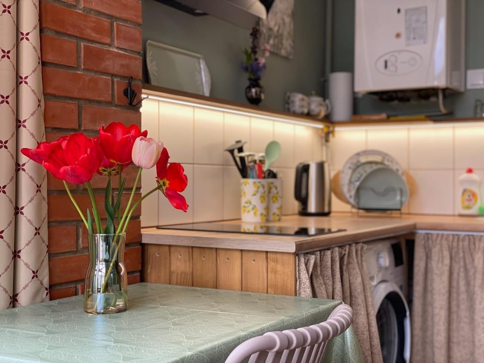 Kitchen or kitchenette, stove