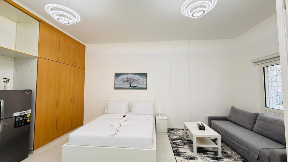 Bed, wardrobe