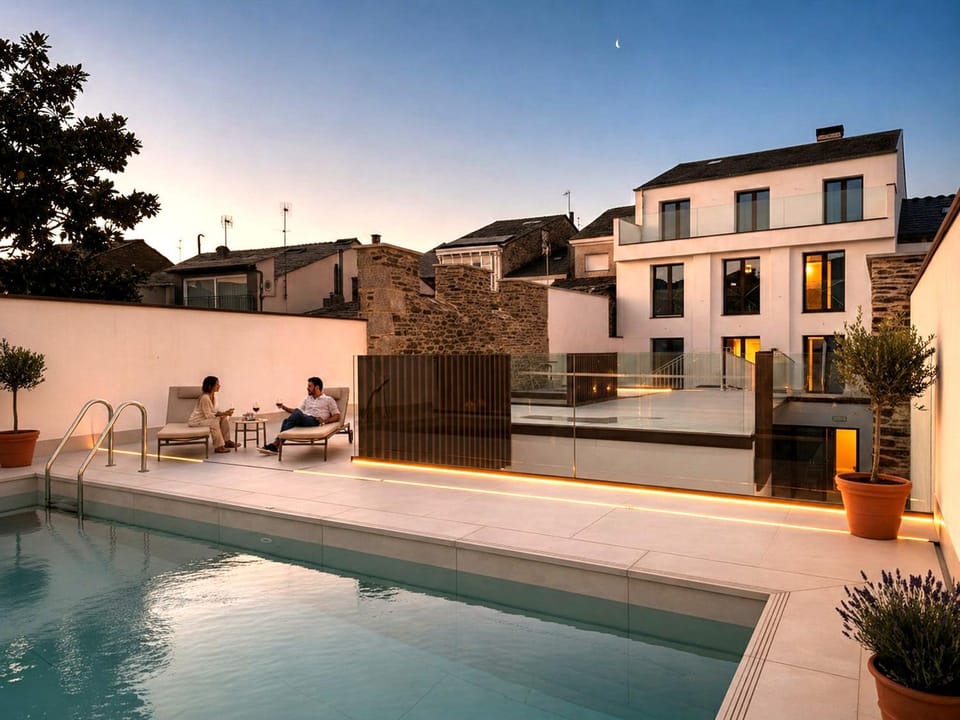Property building, Patio, Spring, Pool view, Swimming pool, Sunset, sunbed