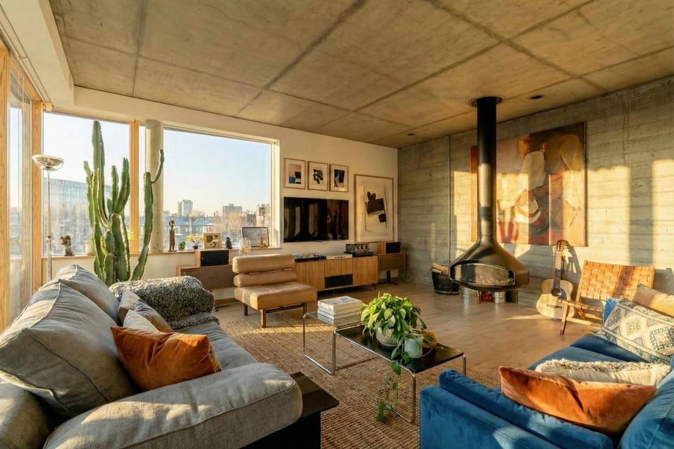 View (from property/room), Living room, City view, City view, Sunset, fireplace, fireplace