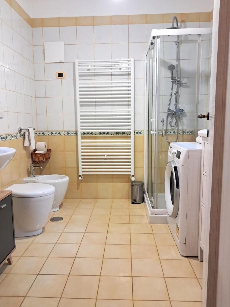 Shower, Toilet, Bathroom, towels, laundry, washing machine