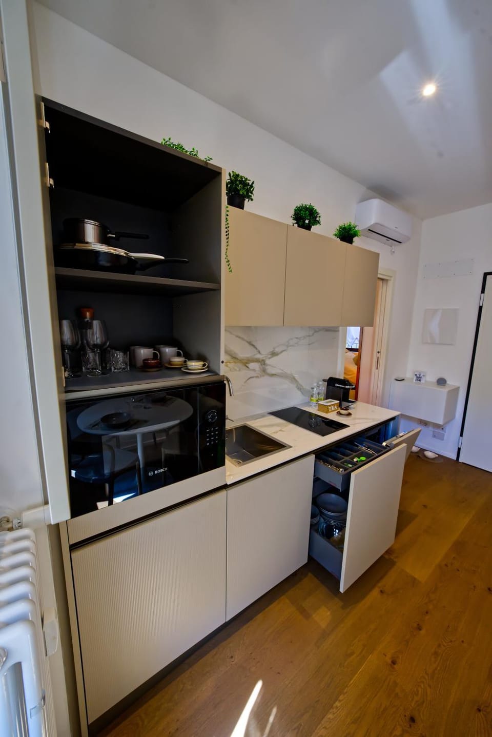 Kitchen or kitchenette, stove