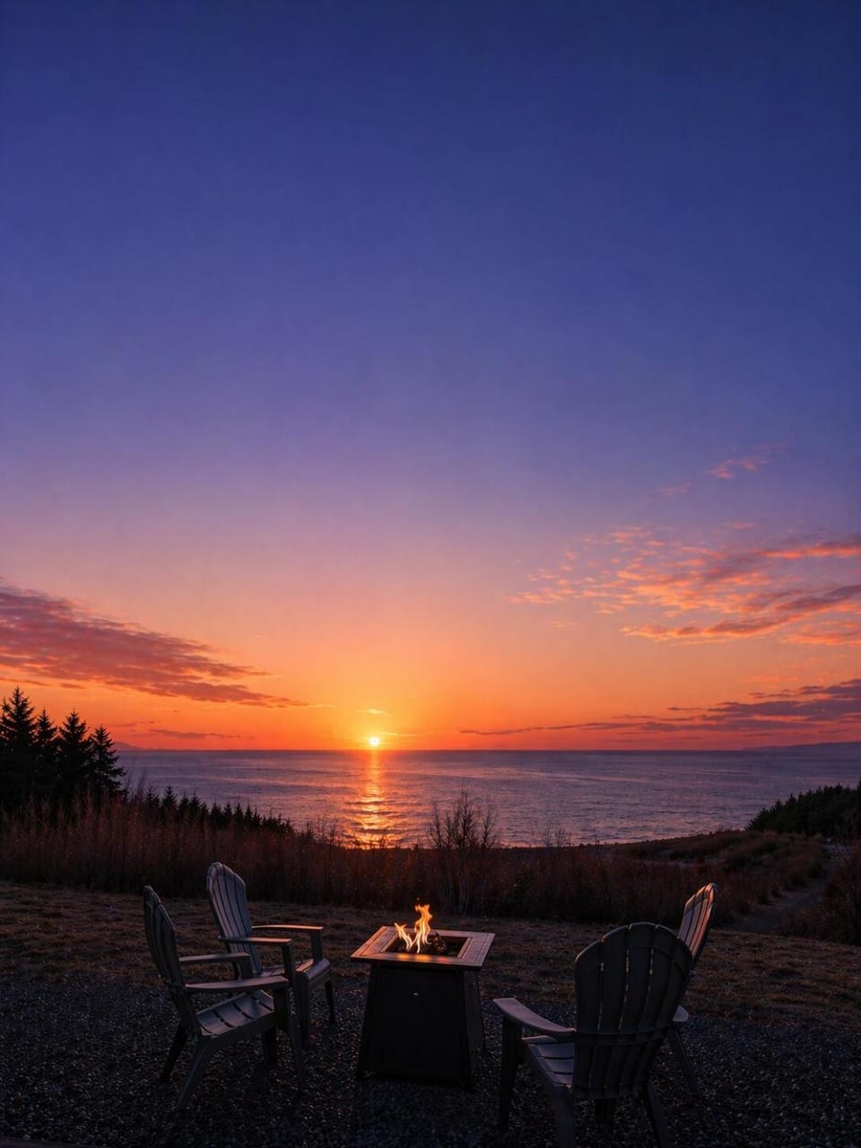 Patio, View (from property/room), Sea view, Sunset, fireplace