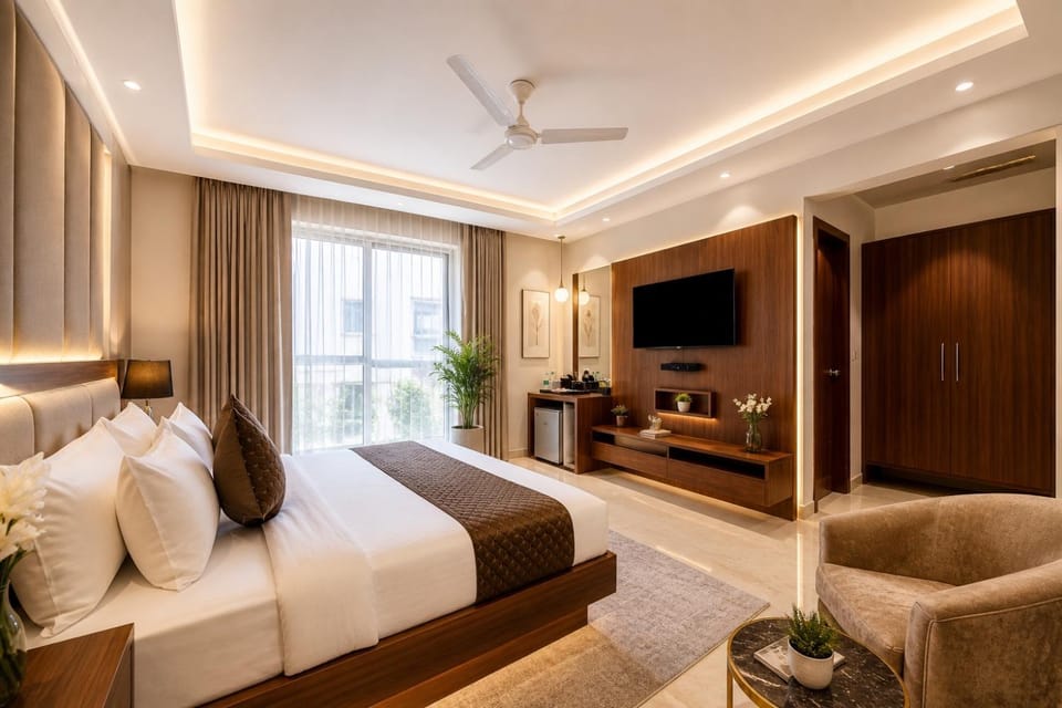 Bed, Seating area, Bedroom