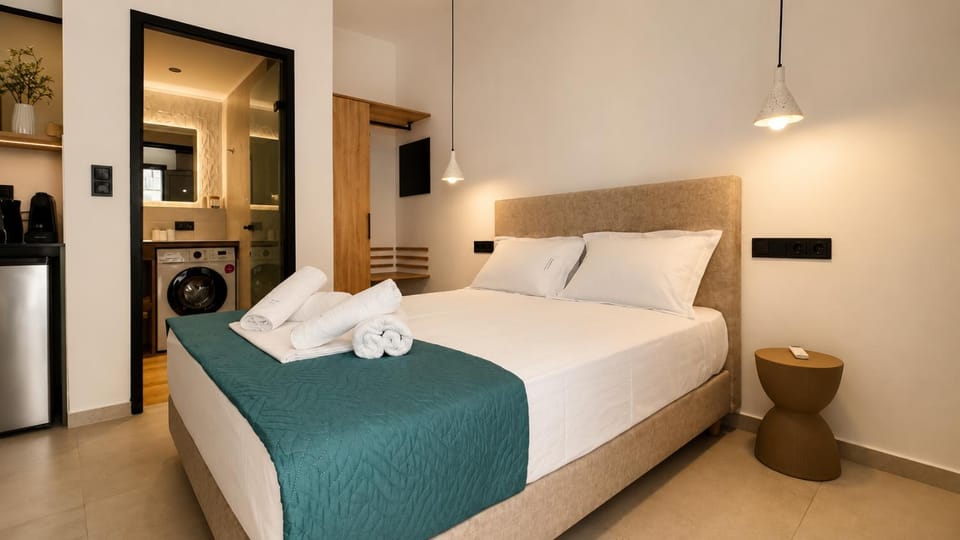 Bed, Kitchen or kitchenette, Photo of the whole room, Bedroom, towels, wardrobe, washing machine, air conditioner