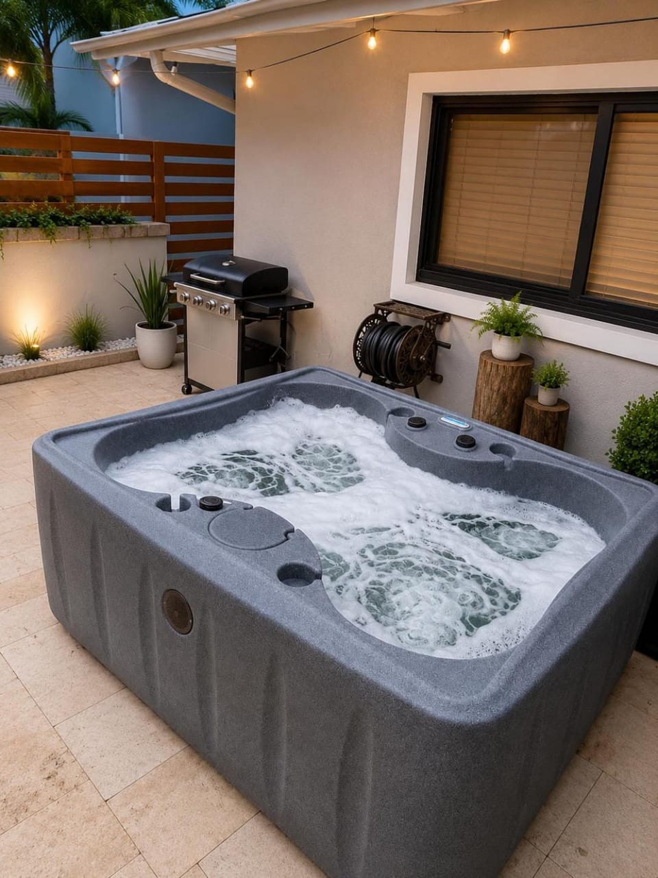 Patio, Night, BBQ facilities, Hot Tub, Seating area