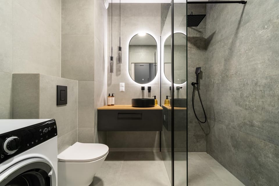 Shower, Bathroom, flat iron, hair dryier, towels