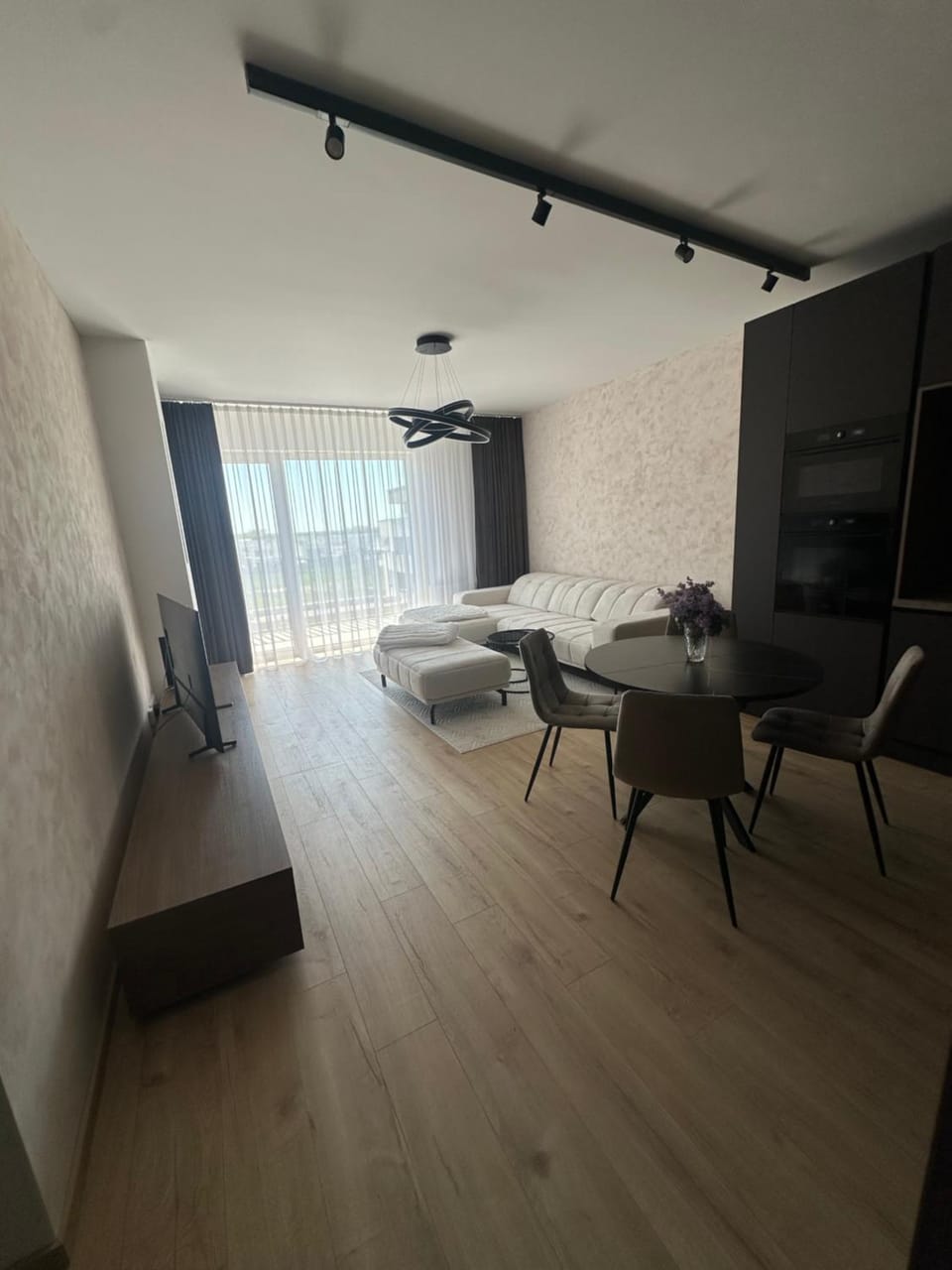 Kitchen or kitchenette, Living room, Seating area, Dining area
