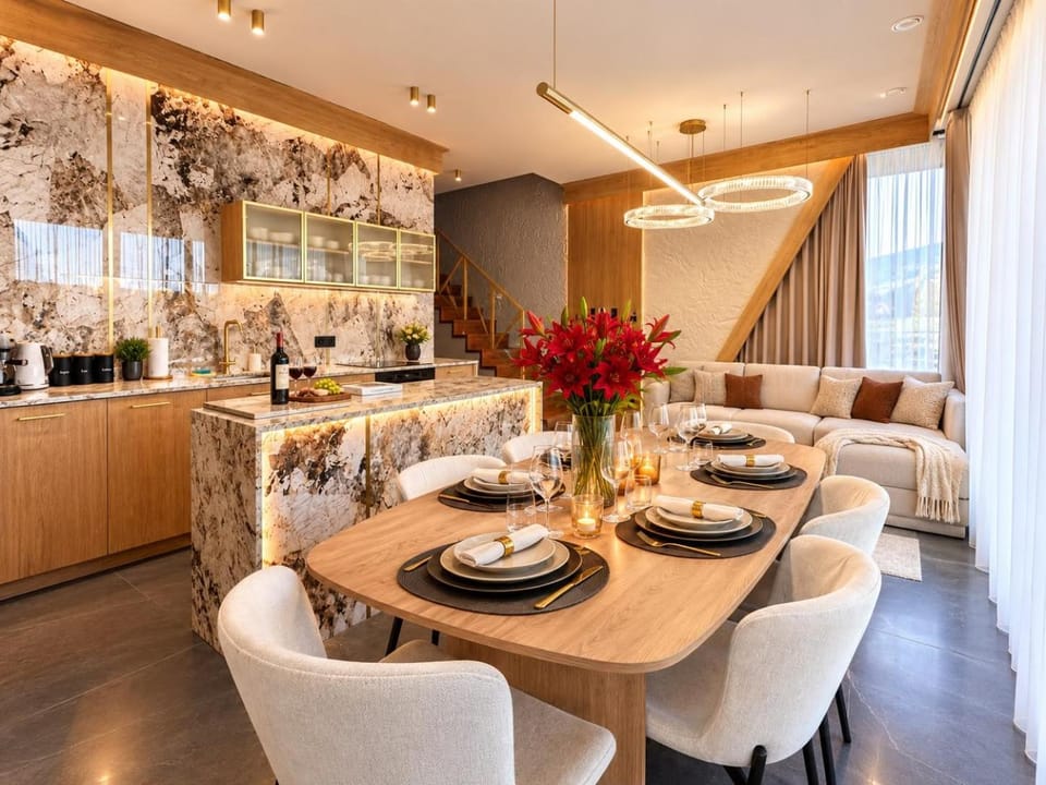 Kitchen or kitchenette, Living room, Seating area, Dining area