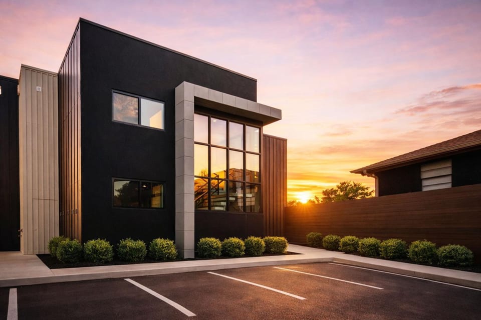 Property building, Facade/entrance, View (from property/room), Sunset, Parking