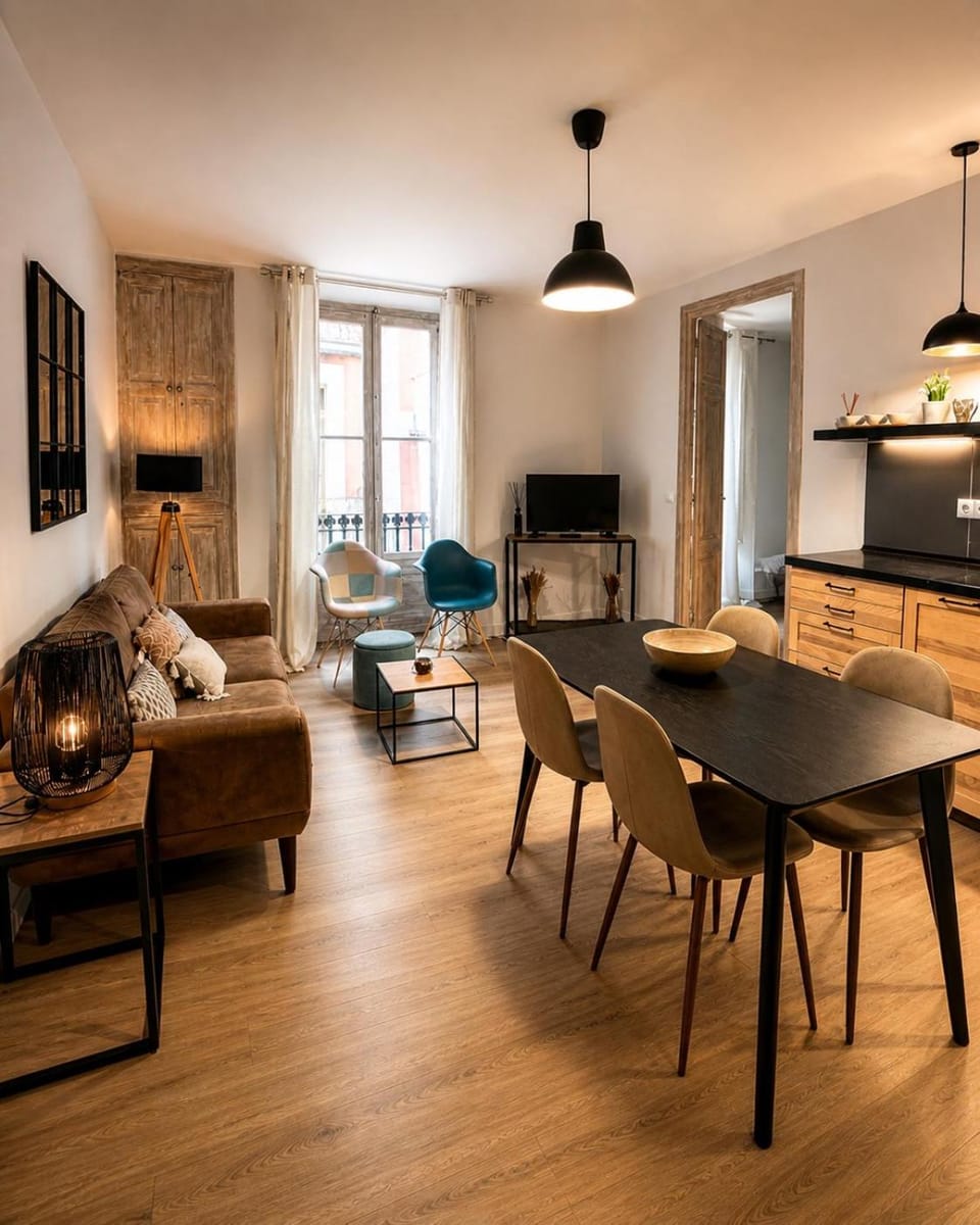 TV and multimedia, Kitchen or kitchenette, Living room, Seating area, Dining area