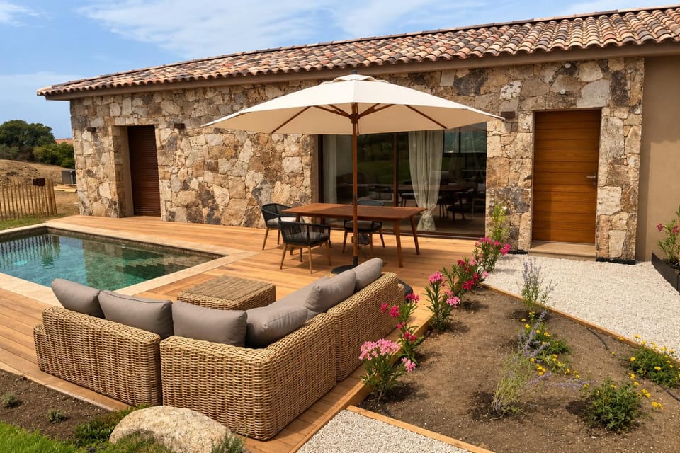 Patio, Spring, Day, Garden, Balcony/Terrace, Dining area, Garden view, Pool view, Swimming pool