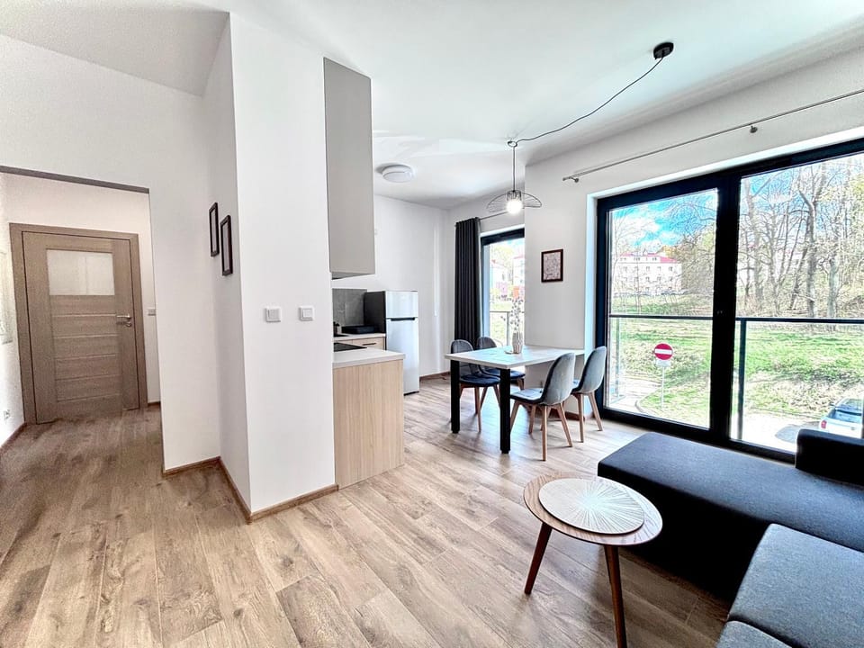 Kitchen or kitchenette, Living room, Seating area, Dining area