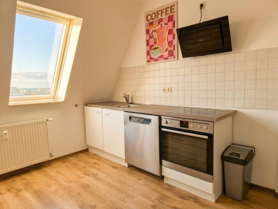 Kitchen or kitchenette, dishwasher, oven, stove