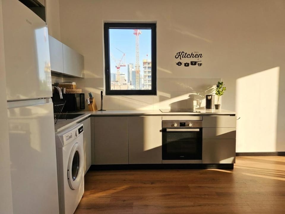Kitchen or kitchenette, oven, washing machine