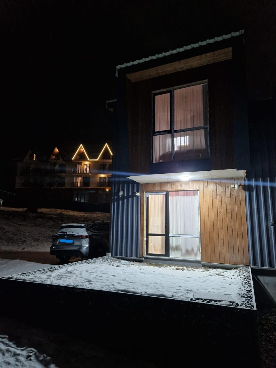 Property building, Night, Winter, Parking