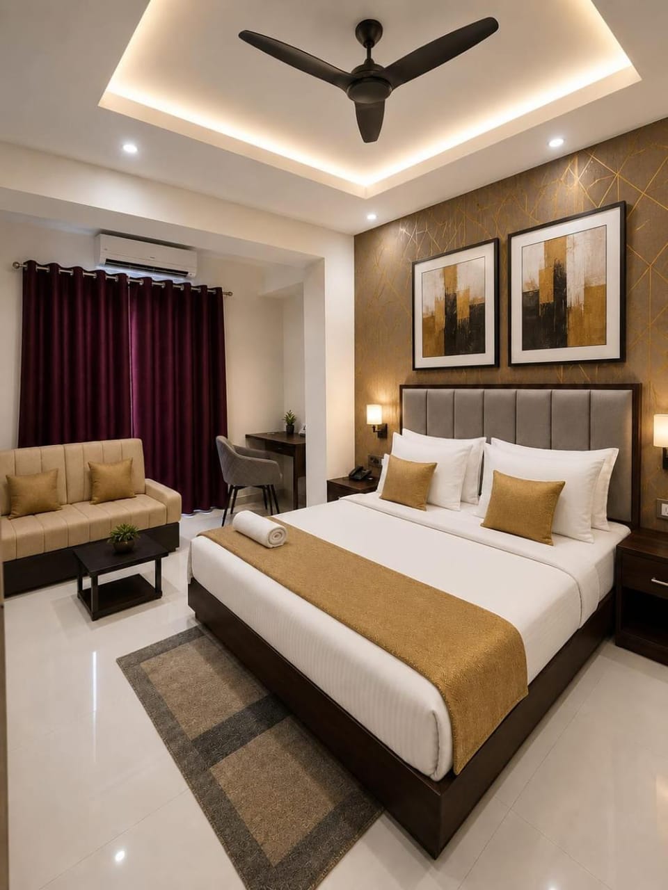 Bed, Photo of the whole room, Seating area, Bedroom, fireplace, minibar