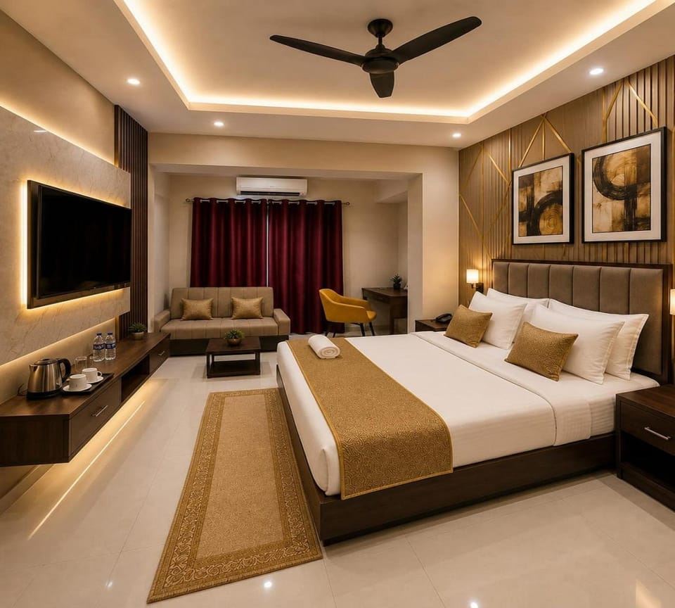 Bed, TV and multimedia, Photo of the whole room, Seating area, Bedroom, fireplace, minibar