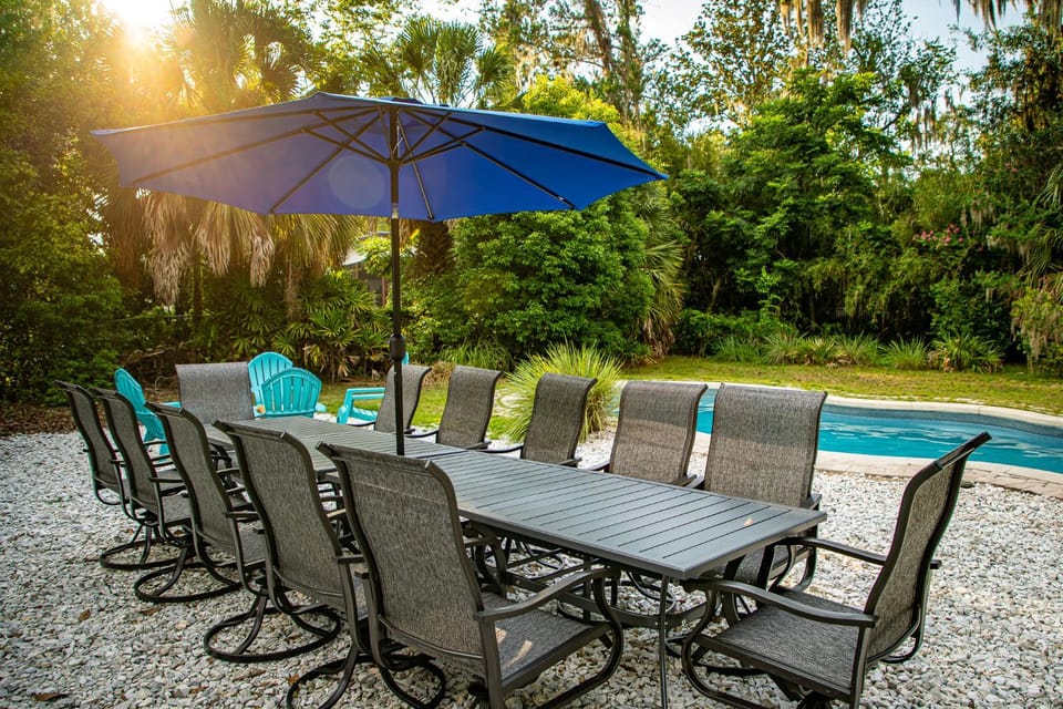 Patio, Garden, Seating area, Dining area, Pool view, Swimming pool