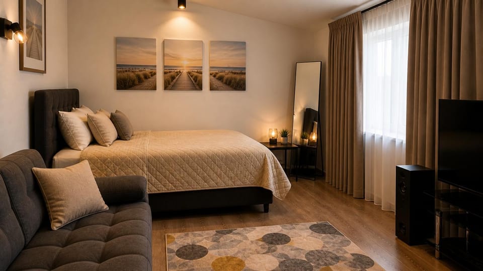 Bed, TV and multimedia, Living room, Seating area, Bedroom