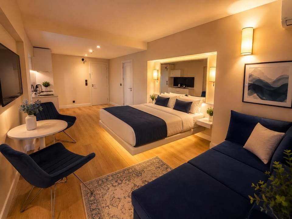 Bed, TV and multimedia, Living room, Seating area, Bedroom