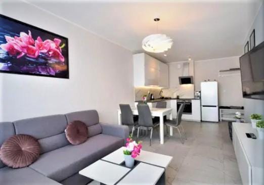 Kitchen or kitchenette, Living room, Seating area, Dining area