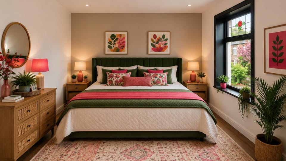 Bed, Photo of the whole room, Decorative detail, Bedroom, Garden view