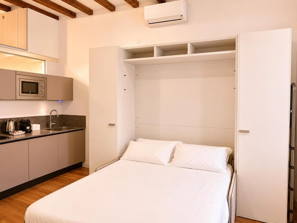 Bed, Kitchen or kitchenette, Photo of the whole room, Bedroom, microwave, oven, wardrobe, air conditioner
