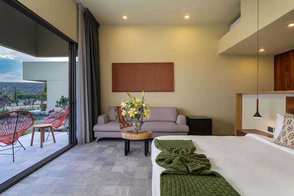 Patio, Bed, Seating area, Bedroom