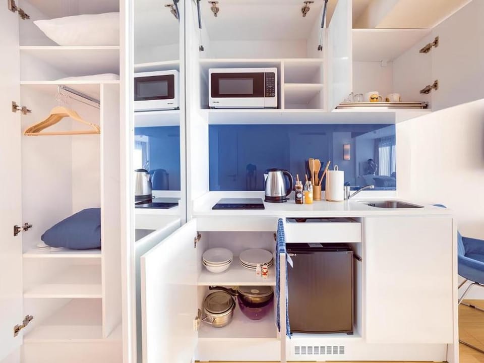 Bed, Coffee/tea facilities, Kitchen or kitchenette, Photo of the whole room, Bedroom, minibar, oven, stove